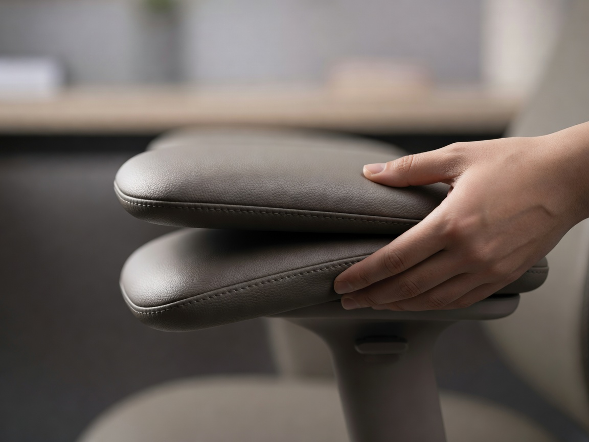 Detail shot of a padded 4D armrest being adjusted, with the background out of focus