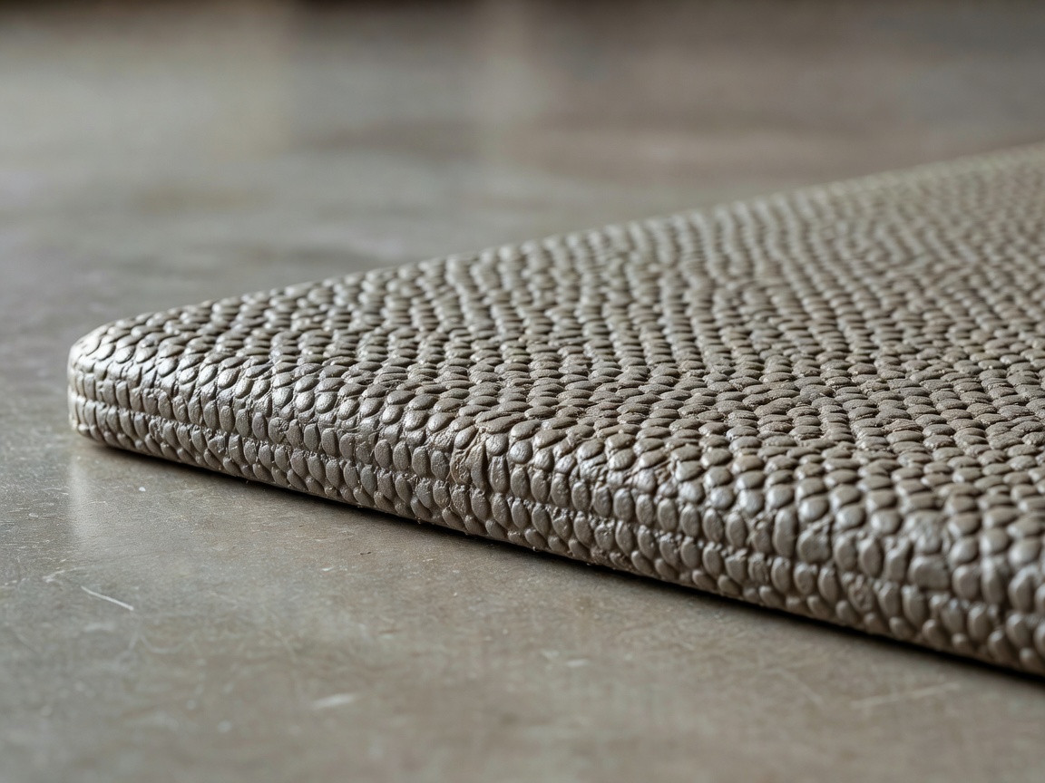 Macro detail of a textured anti-fatigue standing mat edge on a floor, background blurred