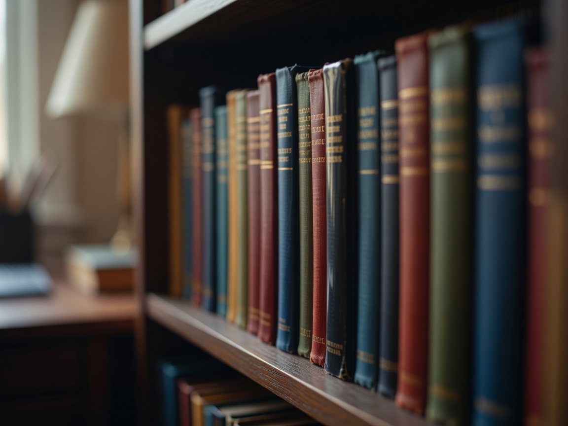 Shallow depth of field shot of book spines on a home office shelf