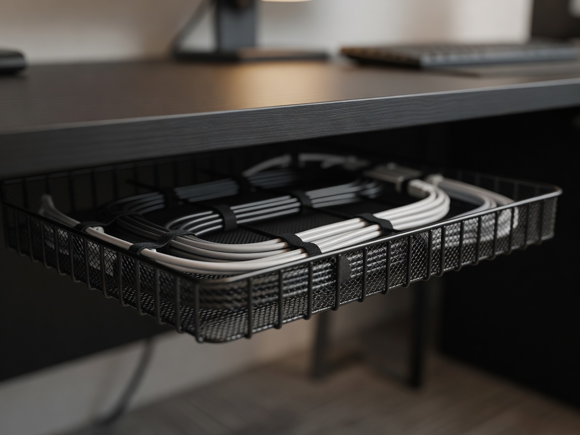 Detail of neatly routed cables in a black mesh tray under a desk, shallow depth of field