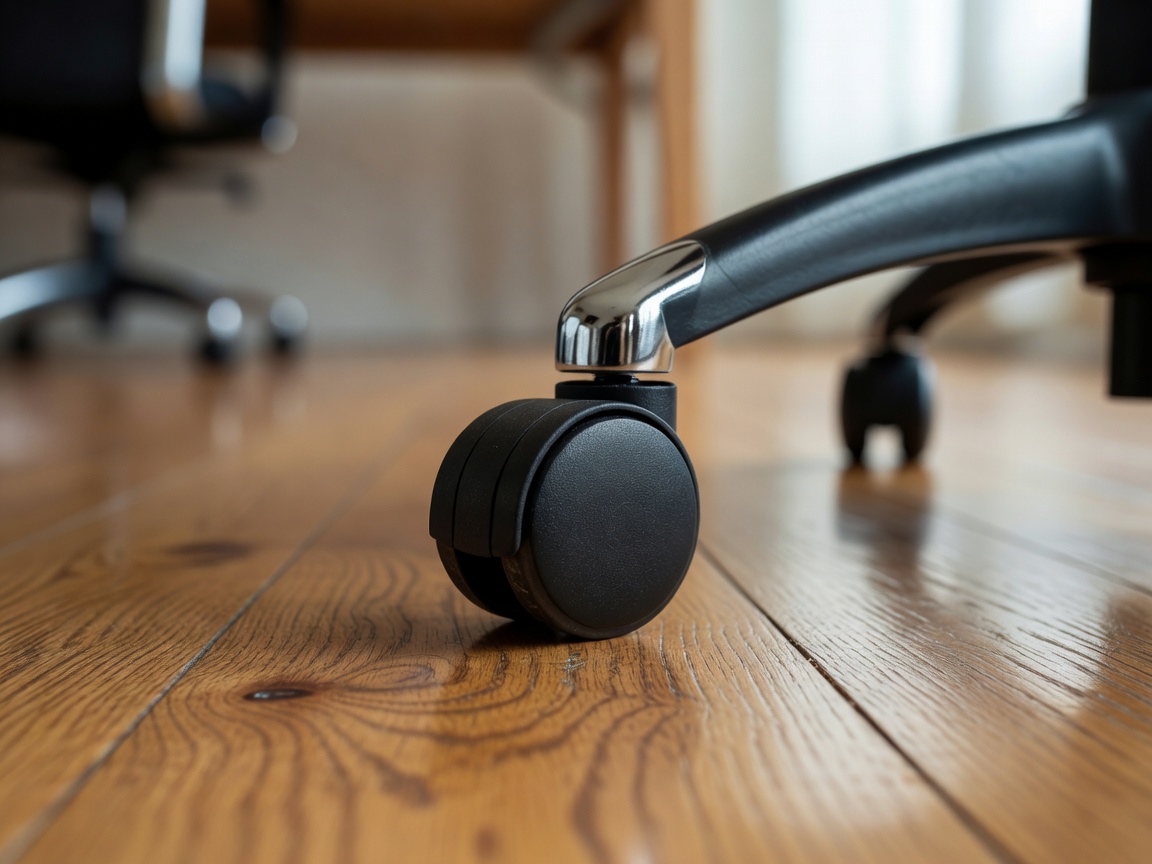 Low-angle detail of an office chair caster wheel resting on an oak floor, softly blurred background