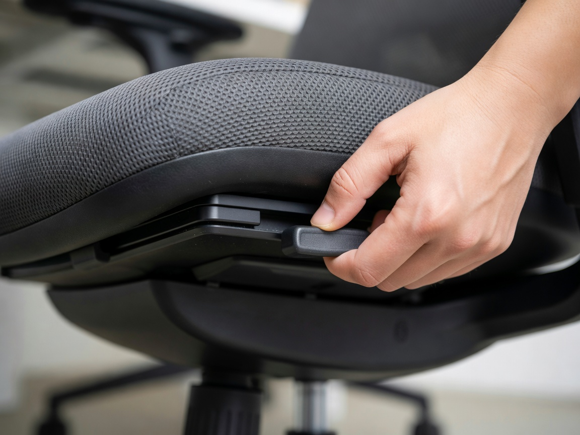 Close-up of a hand pulling the seat depth slider lever under an office chair seat