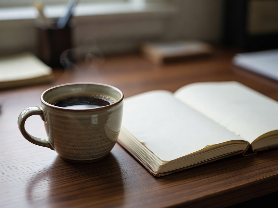 Close-up of a ceramic coffee cup beside an open notebook on a desk, background softly blurred