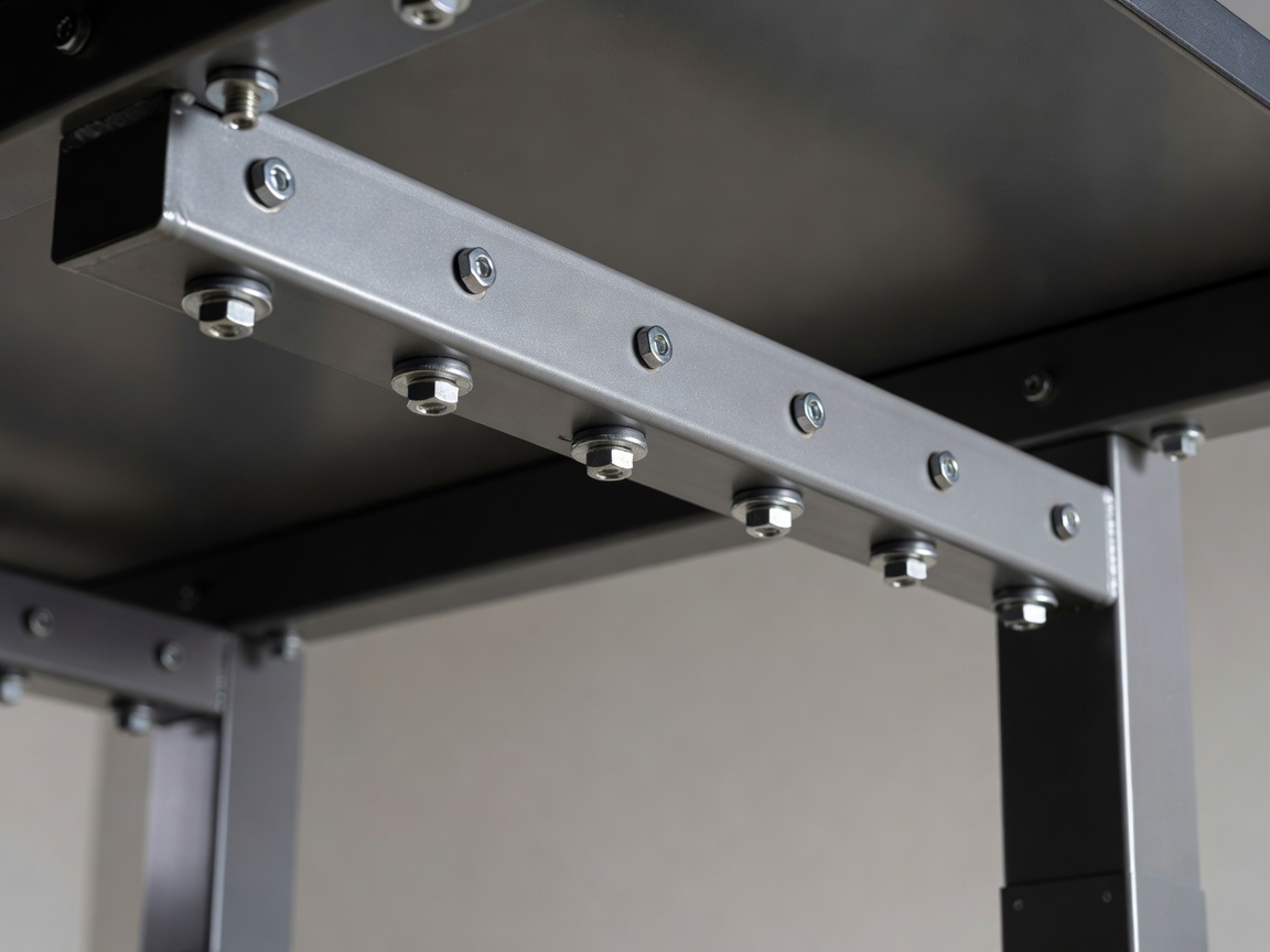 Detail of steel crossbar and mounting bolts underneath a standing desk frame