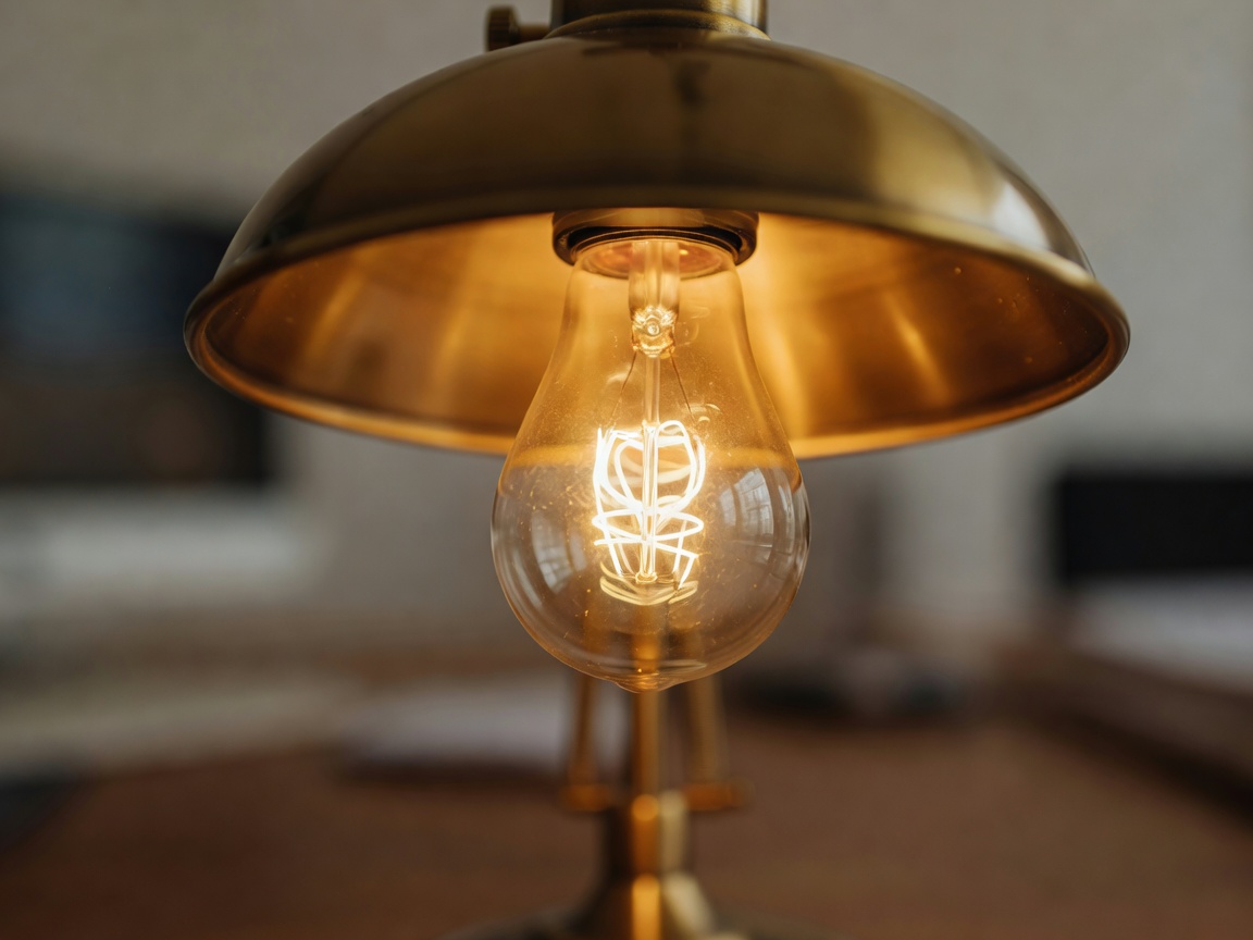 Macro view of a desk lamp head with a warm glowing bulb, background out of focus