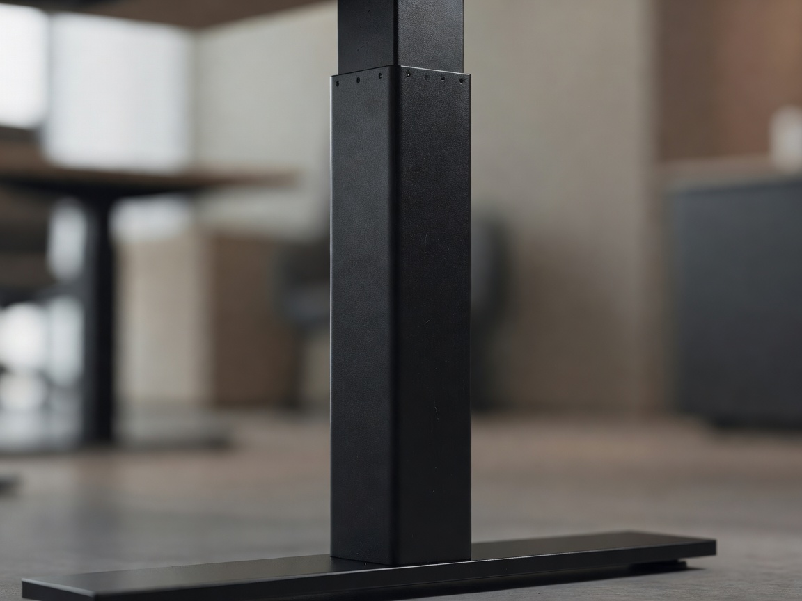 Close-up of a black telescopic standing desk leg column with a blurred room behind