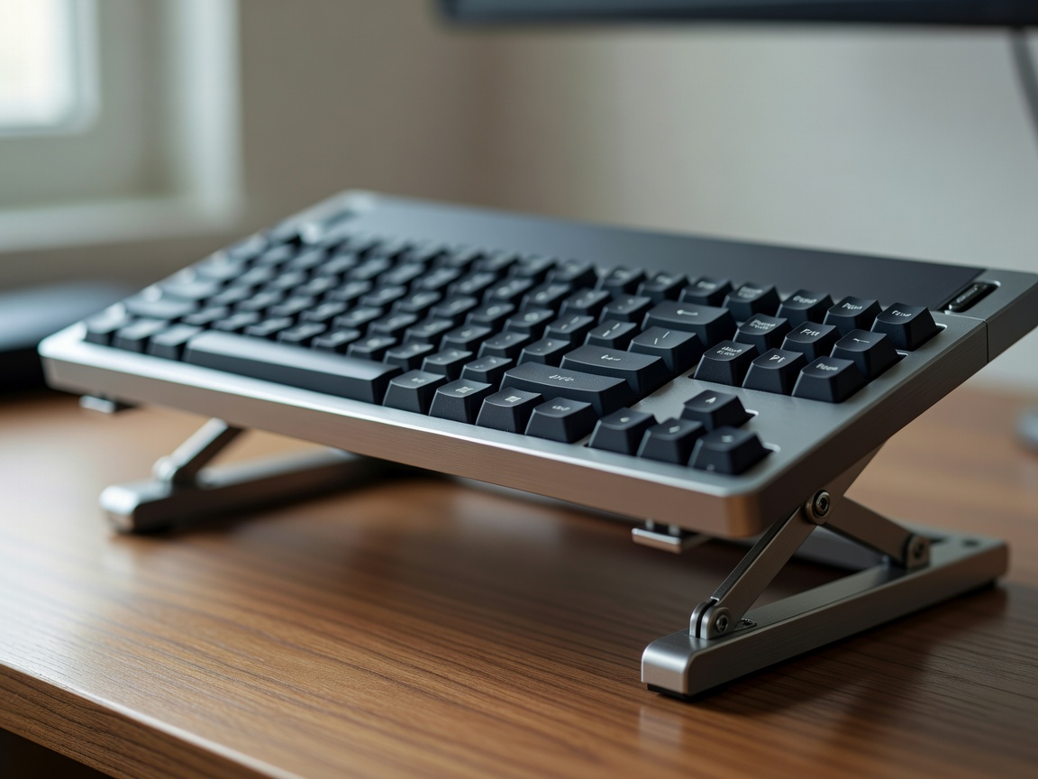 Shallow-focus shot of a keyboard on a desktop converter tray raised above a wooden desk