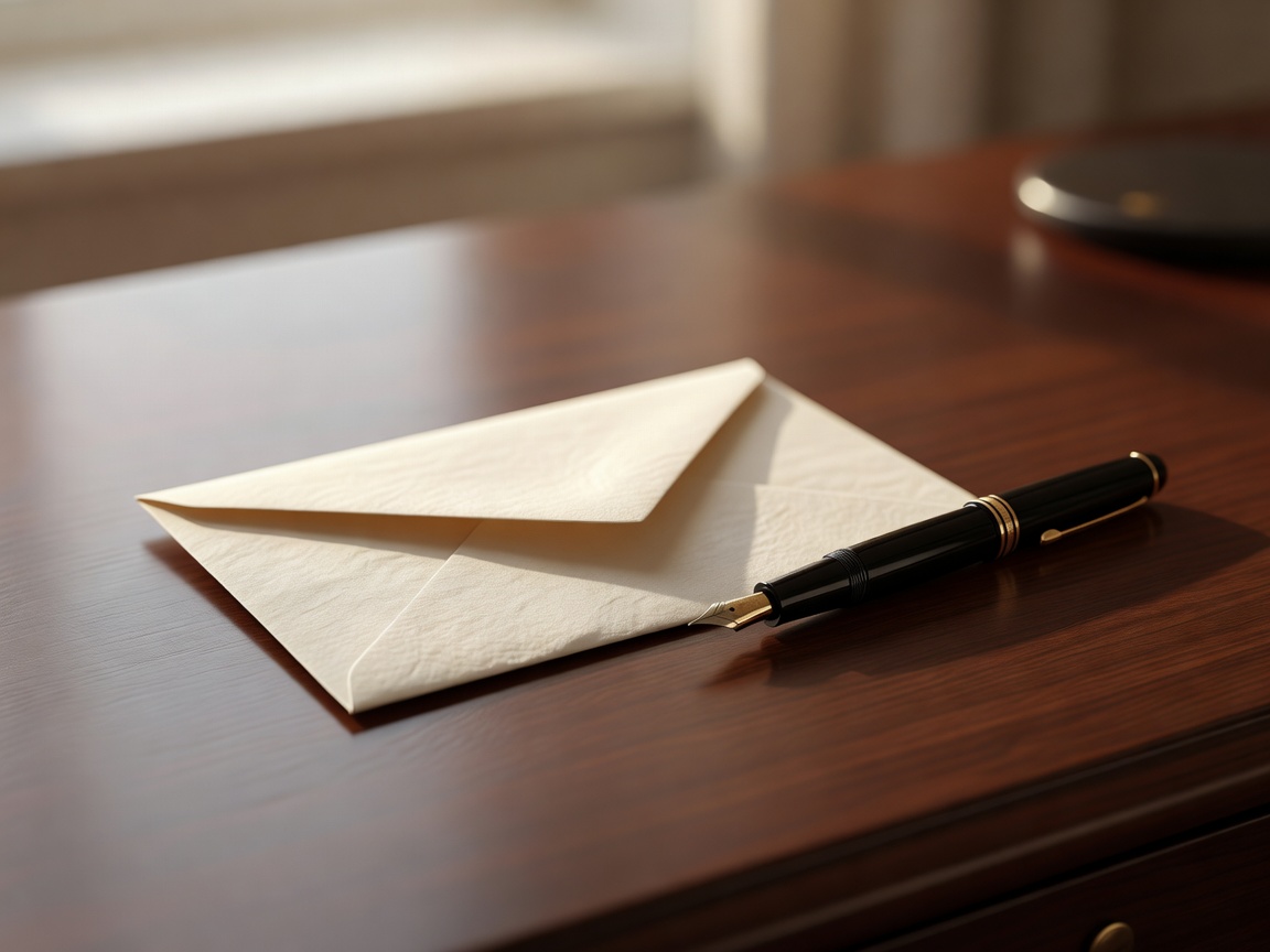 Close-up of a paper envelope and fountain pen on a desk, shallow depth of field