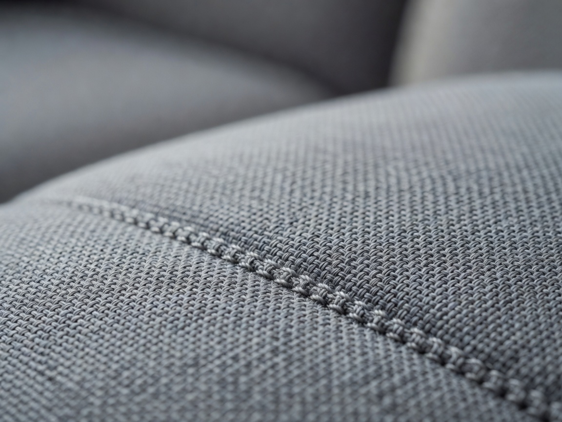 Macro photograph of grey woven chair upholstery with stitching, shallow depth of field