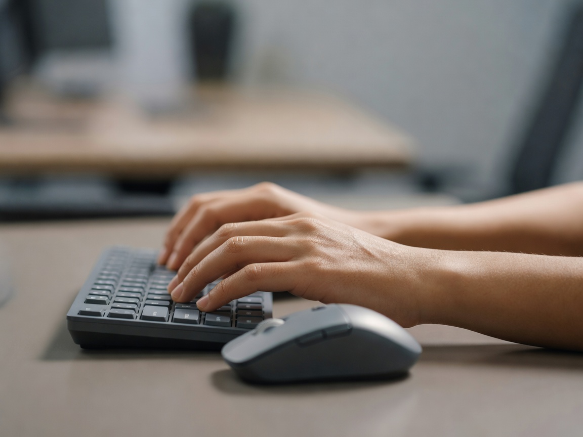 Close-up of hands resting on a compact keyboard and mouse with straight wrists, background blurred