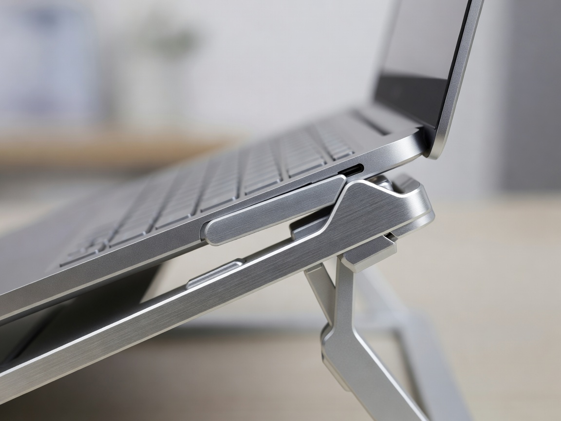 Close-up of an aluminium laptop riser hinge holding a laptop at eye height, background blurred