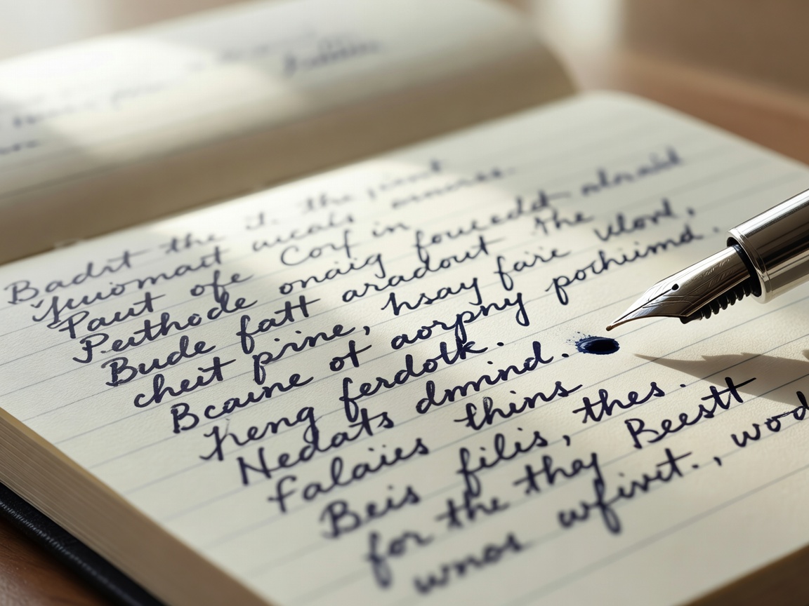 Close-up of a handwritten budget list in a notebook with a pen nib in focus
