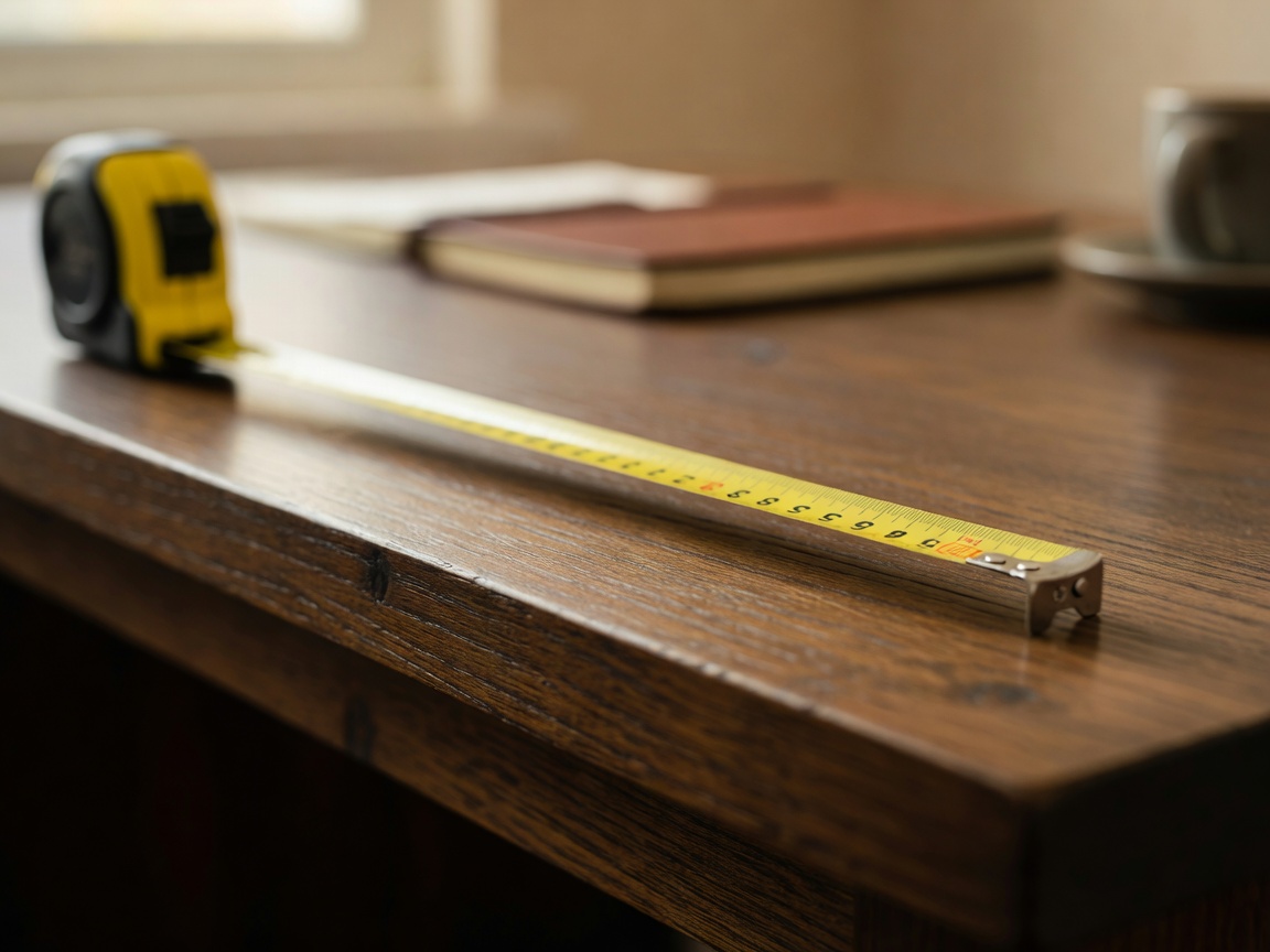 Close-up of a tape measure extended along a desk edge, shallow depth of field