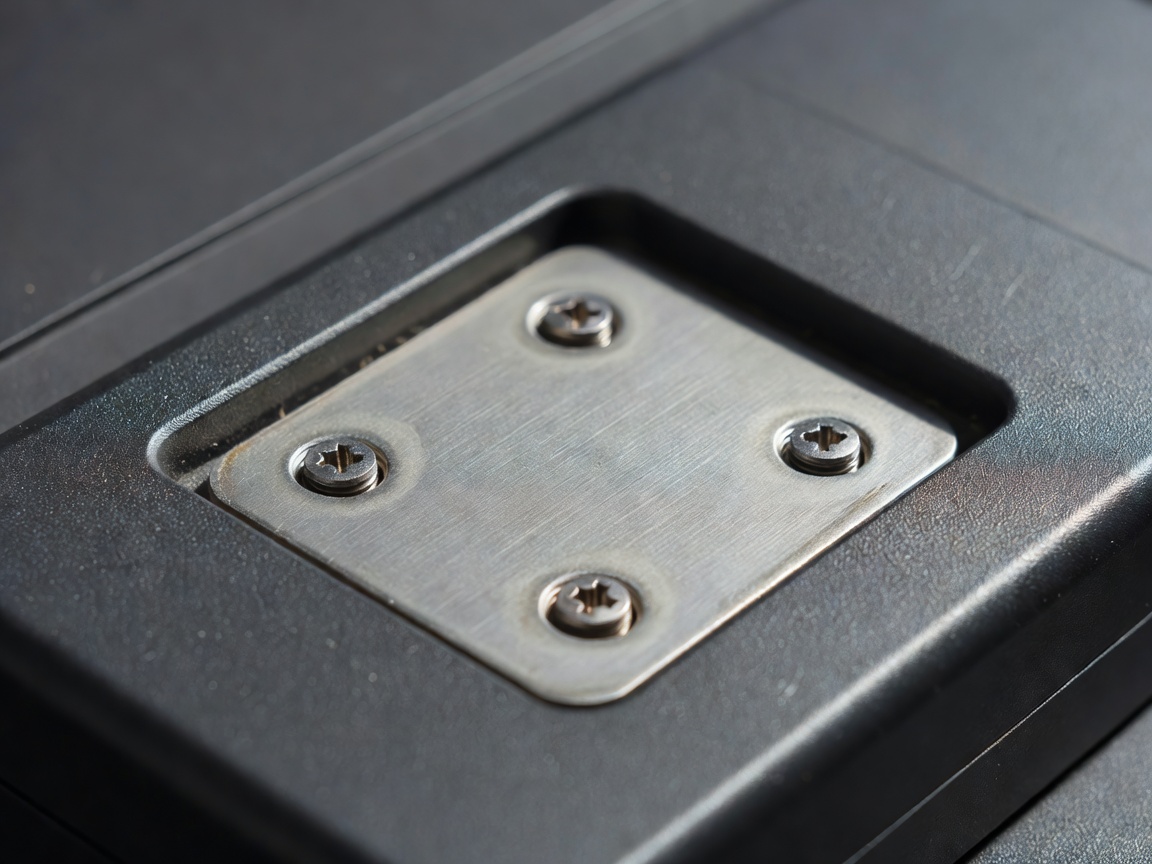 Macro shot of a VESA mounting plate and screws on the back of a monitor