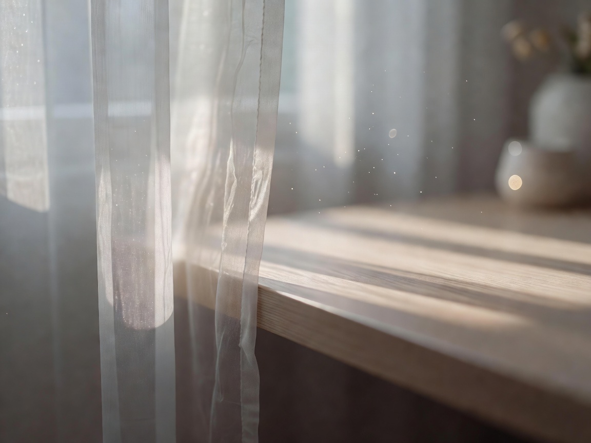 Soft daylight filtering through a sheer curtain beside a desk edge, shallow depth of field