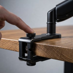 Square thumbnail of a monitor arm desk clamp gripping a wooden desk edge