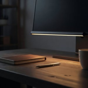 Square thumbnail of a monitor light bar casting warm light on a desk